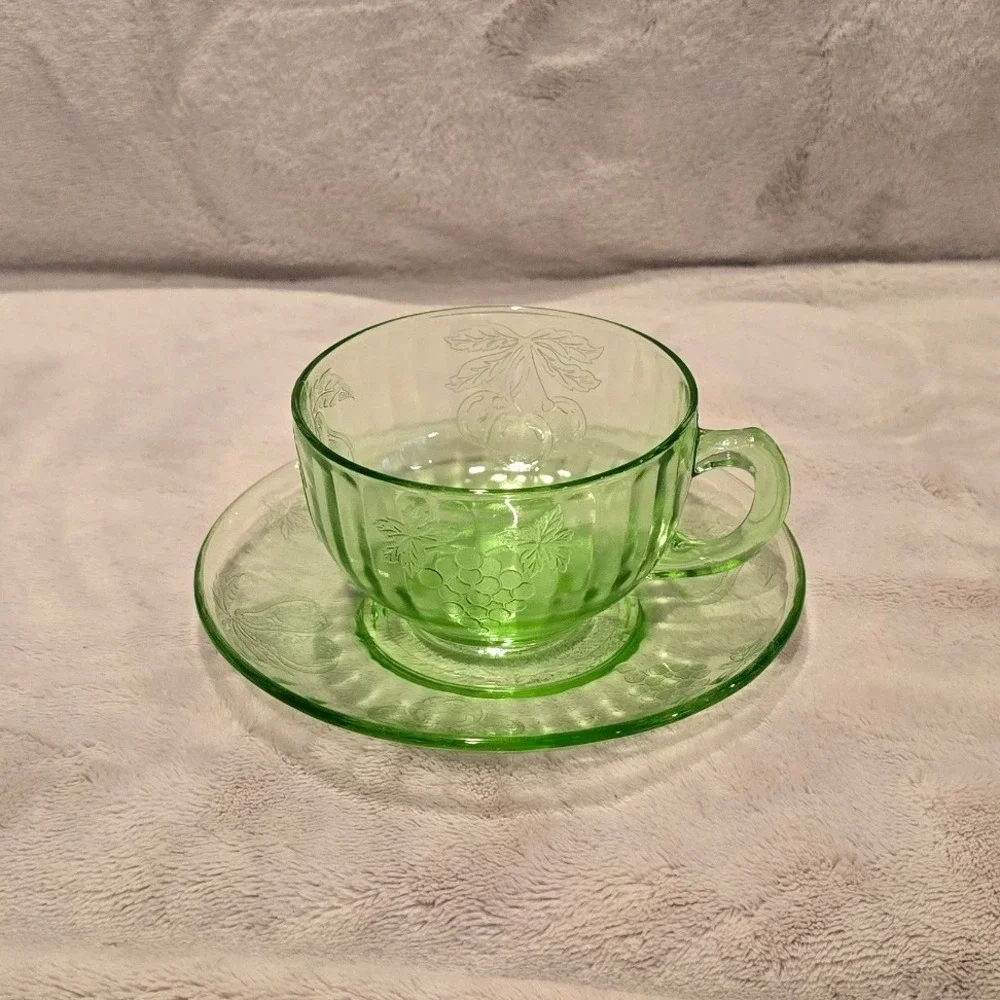 Vintage Hazel Atlas Green Uranium Glass Fruit Pattern Tea Cup and Saucer Set